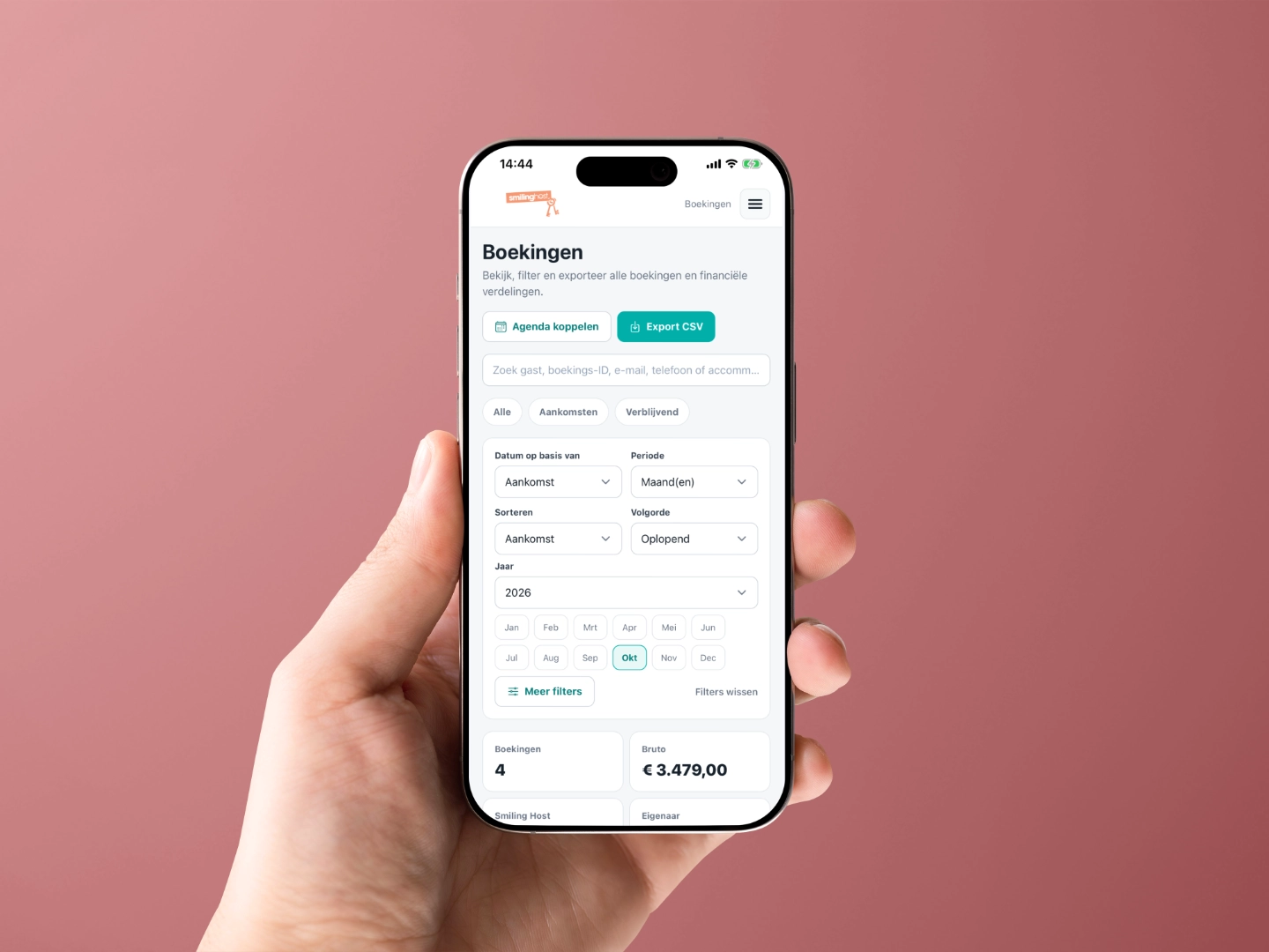 Het boekingsoverzicht van SmileFinance in de Smiling Host-app